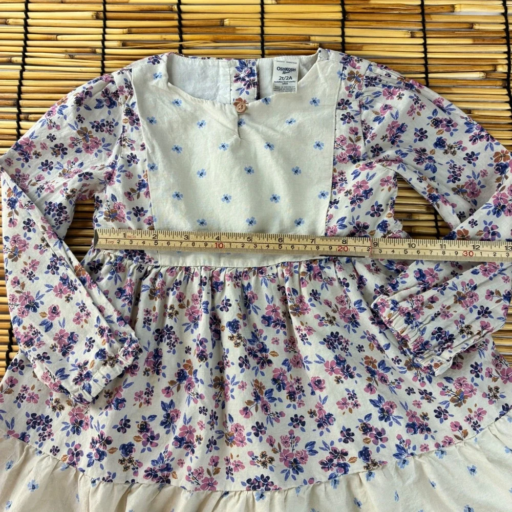 OshKosh Bgosh Girls 2T Floral Tiered Long Sleeve Cotton Dress Purple Cream